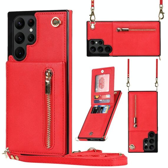 Per Samsung Galaxy S22 Ultra 5G Cross-Body Square Zipper Card Holder Bag Custodia per telefono (rosso)