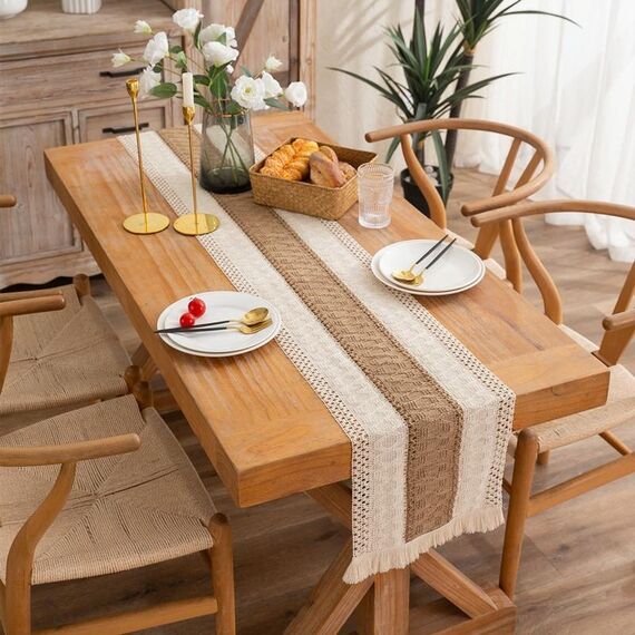 2 pezzi in cotone e biancheria intrecciata colorblock nappa tazza runner a rombo a righe, dimensioni: 30x300cm (canapa centrale)