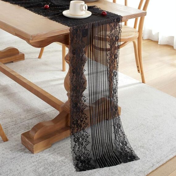 Romantico Tavolo in pizzo Runner Decorazione di nozze, Dimensioni: 300 cm (pizzo nero)
