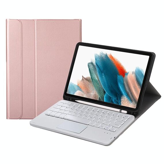 A08B-A custodia in pelle con tastiera Bluetooth con slot a penna e touchpad per Samsung Galaxy Tab A8 2021 SM-X205 / SM-X200 (oro rosa)