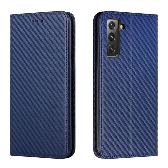 Per Samsung Galaxy S22 + 5G Cassa del telefono in pelle flip in fibra di carbonio (blu)