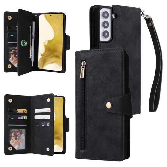 Per Samsung Galaxy S22+ Cannome di fibbia Rivet 9 Fold Case di telefono in pelle (nero)