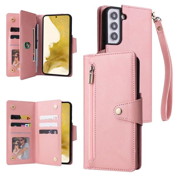 Per Samsung Galaxy S22+ Cannome di fibbia Rivet 9 Custode in pelle a tre volte (oro rosa)