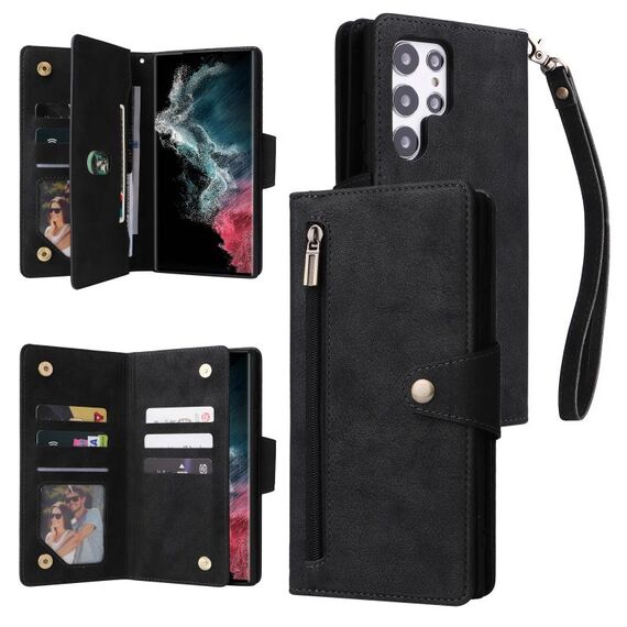 Per Samsung Galaxy S22 Ultra 5G Fibbia del rivetto 9 Case di telefoni in pelle a tre volte (nero)