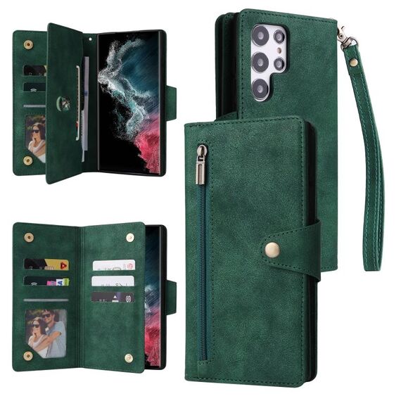 Per Samsung Galaxy S22 Ultra 5G Rivet fibbia 9 carte Tre Pieghe custodia in pelle (verde)