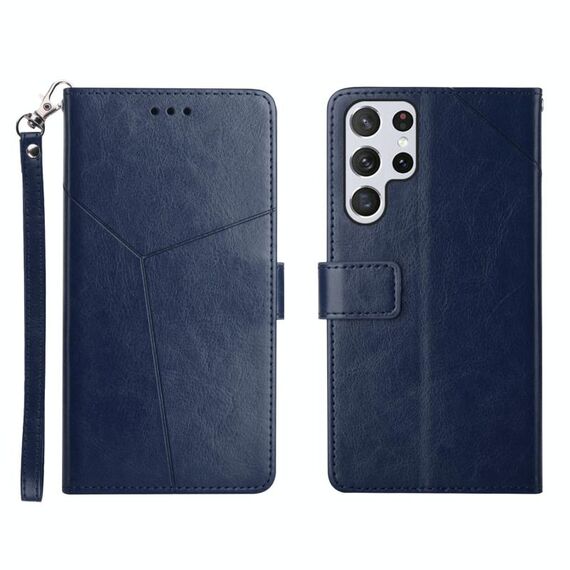 Per Samsung Galaxy S22 Ultra Y cuciture orizzontali Flip Leather Case (blu)