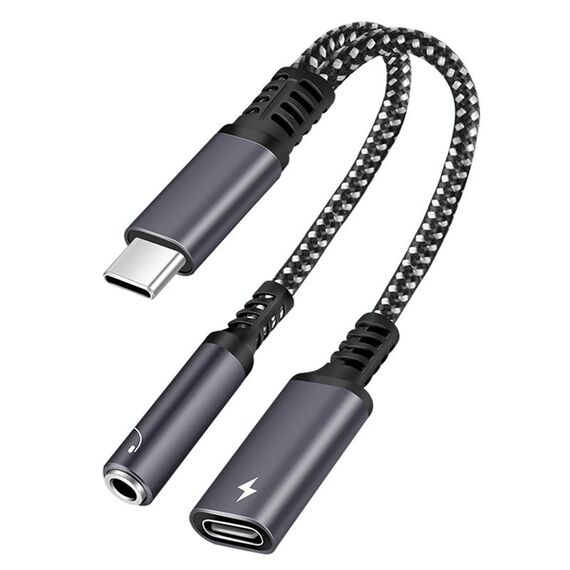 2 su 1 USB-C / Type-C maschio a PD 60W USB-C / Type-C Cargata + Adattatore per auricolari Audio da 3,5 mm (grigio)