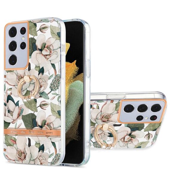 Per Samsung Galaxy S21 Ultra 5G Ring IMD Flowers TPU Telefono (Green Gardenia)