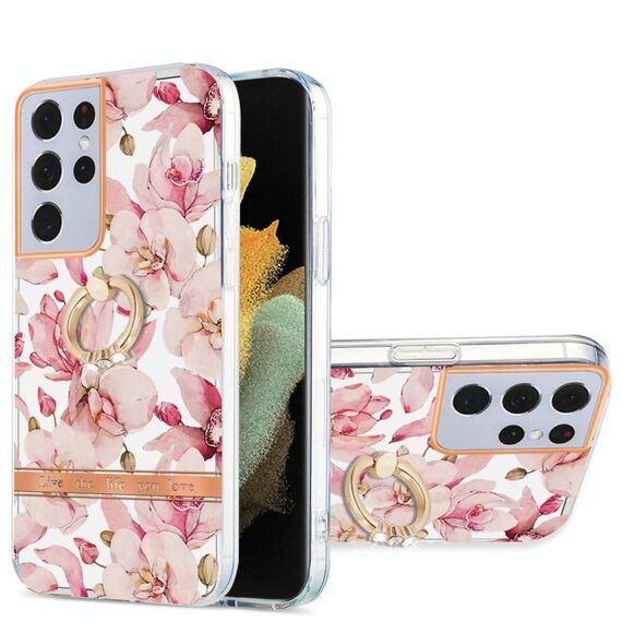 Per Samsung Galaxy S21 Ultra 5G Ring IMD Flowers TPU Telefono (Pink Gardenia)
