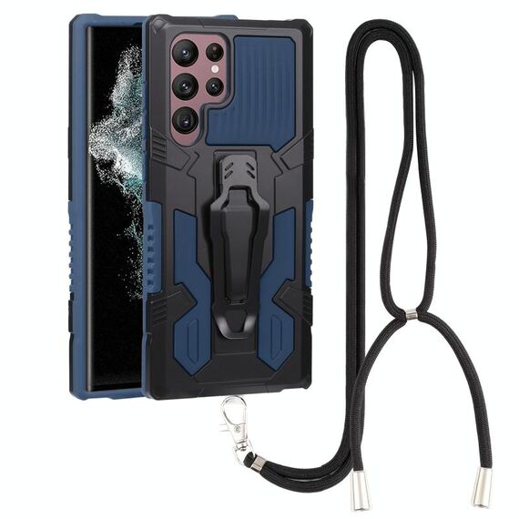 Per Samsung Galaxy S22 Ultra 5G Lanyard Mecha Armor Kickstand PC + Telefono TPU (blu)
