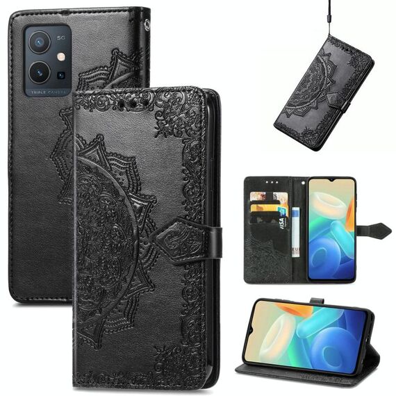 Per Vivo Y55 5G Mandala Flower Exclossed Leather Phone (nero)