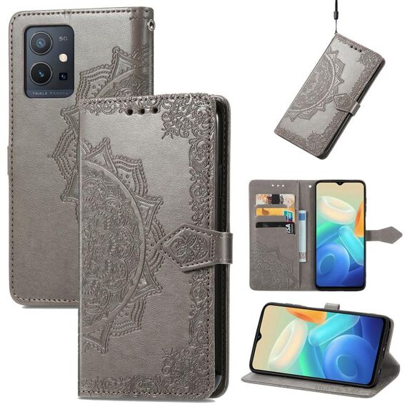 Per Vivo Y55 5G Mandala Flower Exclossed Leather Phone (Grey)