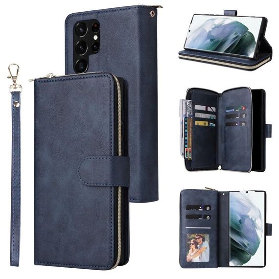 Per Samsung Galaxy S22 Ultra 5G 9 Slot Carni Casina Wallet Casella di pelle (blu)