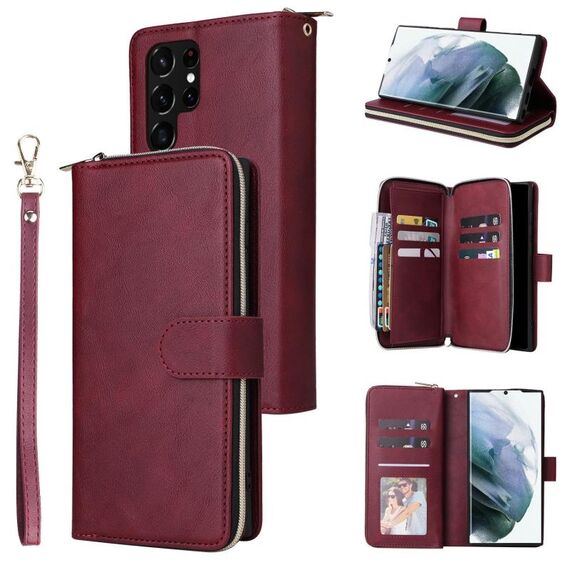Per Samsung Galaxy S22 Ultra 5G 9 Slot Carvite Casina Custodia Pelle Telefono (Vino Red)