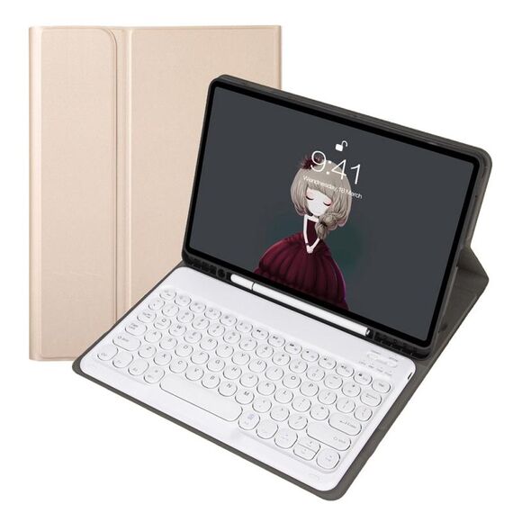 YA700B Lambskin texture Tensione rotonda KeyCap Bluetooth Case in pelle tastiera Bluetooth per Samsung Galaxy Tab S8 da 11 pollici SM-X700 / SM-X706 e S7 11 pollici SM-X700 / SM-T875 (oro)