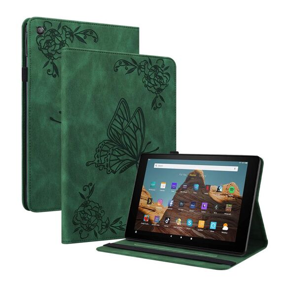 Per Amazon Kindle Fire HD 10 2019/2017 Casetto in pelle in pelle in rilievo a farfalla (verde)