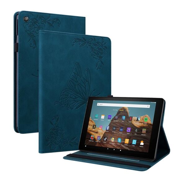Per Amazon Kindle Fire HD 10 2019/2017 Casetto in pelle in pelle in rilievo a farfalla (blu)