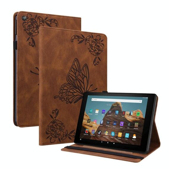 Per Amazon Kindle Fire HD 10 2019/2017 Casetto in pelle in pelle in rilievo a farfalla (Brown)