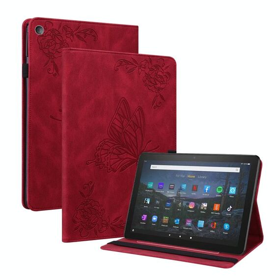 Per Amazon Kindle Fire HD 8 2018/2017/2016/2015 Casetto in pelle in pelle in rilievo a farfalla (rosso)
