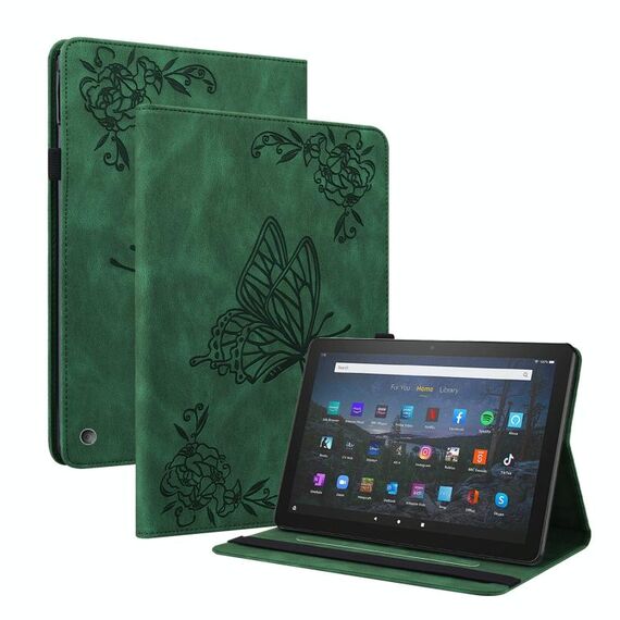 Per Amazon Kindle Fire HD 10 2021 /10 Plus 2021 Casetto in pelle in pelle in rilievo a farfalla (verde)
