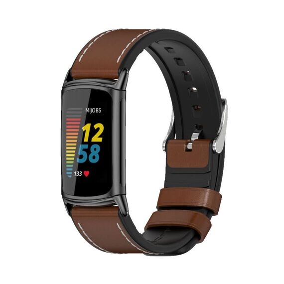 Per Fitbit Charge5 Mijobs TPU + Watch Band in pelle (Brown + Black)