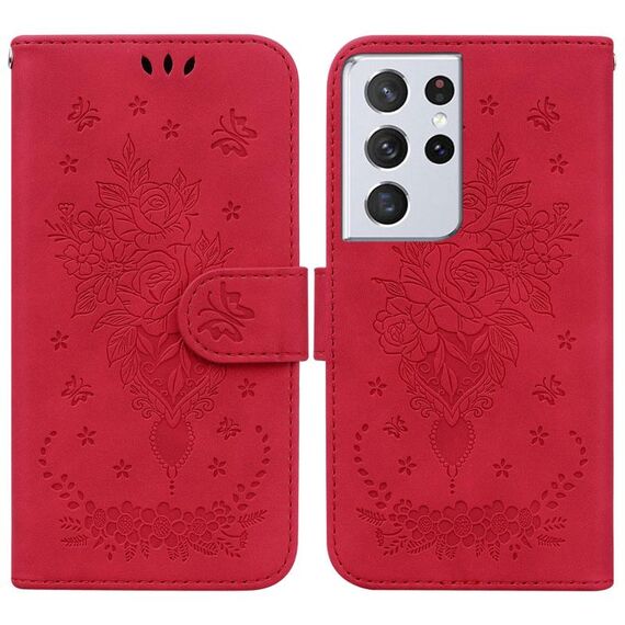 Per Samsung Galaxy S21 Ultra 5G Butterfly Rose Excreated Leather Case (Red)