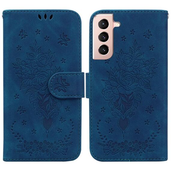 Per Samsung Galaxy S22 5G Custodia per telefono in pelle in rilievo in rilievo a farfalla (blu)