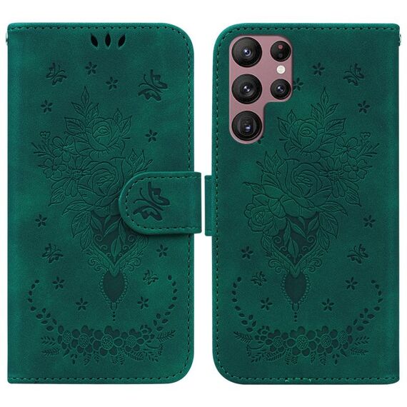 Per Samsung Galaxy S22 Ultra 5G Butterfly Rose Excreated Leather Case (verde)