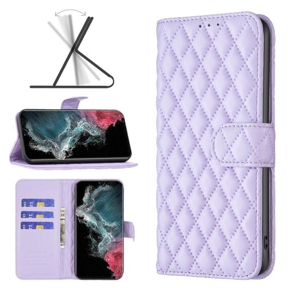 Per Samsung Galaxy S22 Ultra 5G Diamond Lattice Wallet Flip Phone Case (Purple)