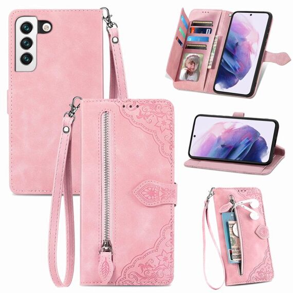 Per Samsung Galaxy S22+ 5G Custodia per il telefono in pelle shock flori sferzata (rosa)