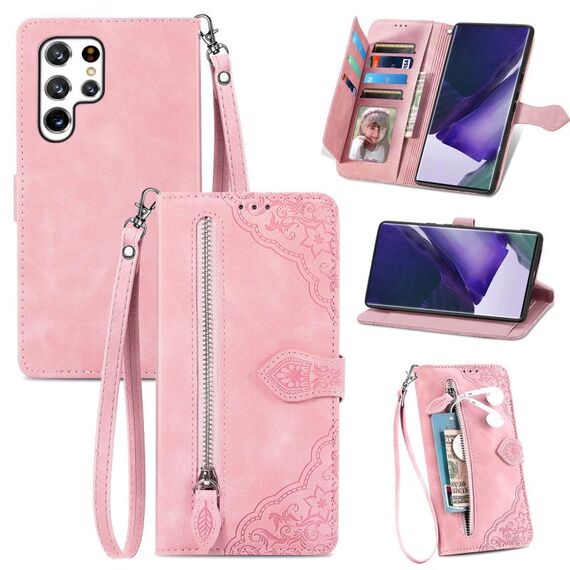 Per Samsung Galaxy S22 Ultra 5G Custodia per il telefono in pelle shock floer -resistente (rosa)
