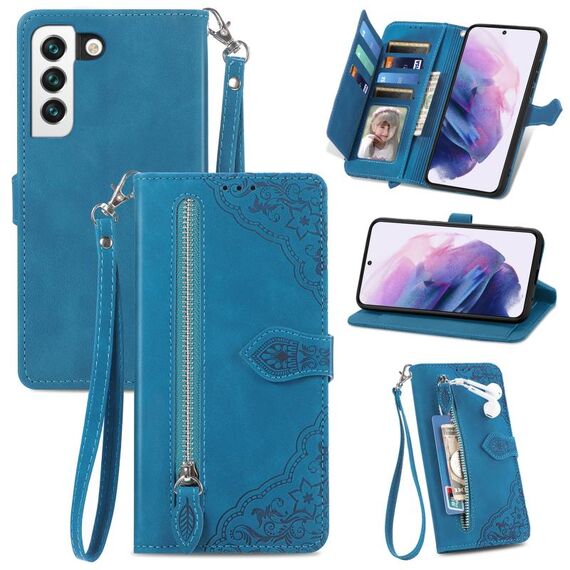 Per Samsung Galaxy S22 5G Custodia per il telefono in pelle shock flori sferzata (blu)