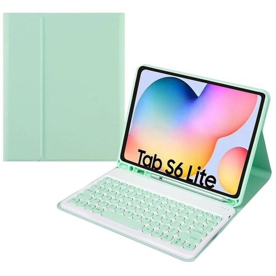 Custodia in pelle per tastiera Bluetooth con cappuccio rotondo con slot per penna, senza touchpad per Samsung Galaxy Tab S7 (tastiera verde + verde)