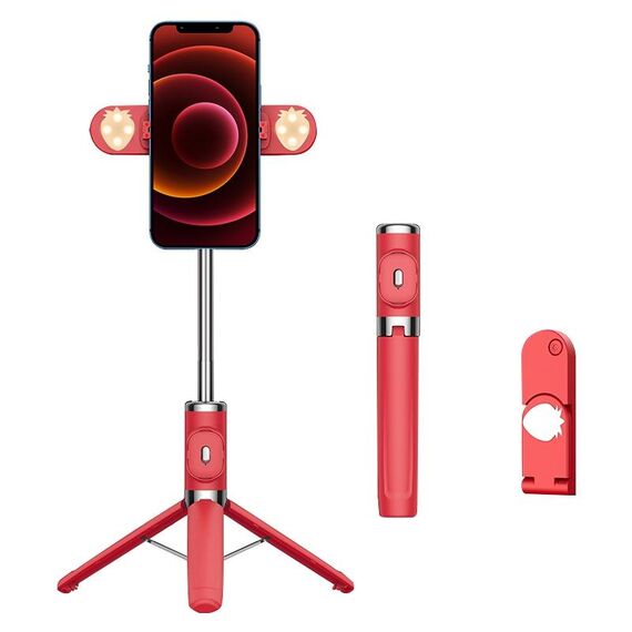 Bastone per selfie con treppiede a doppia luce con telecomando Bluetooth (rosso)