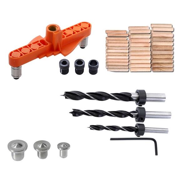 Marcatore autocentrante per localizzatore di fori per la lavorazione del legno fai-da-te, modello: punta da trapano arancione + 60 punte per legno + parte superiore