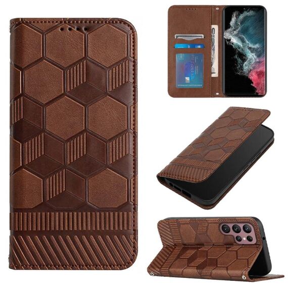 Per Samsung Galaxy S22 Ultra 5G Football Texture Custodia magnetica in pelle per telefono (marrone)