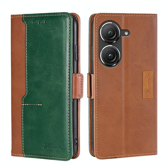 Per Asus Zenfone 9 Custodia per telefono in pelle con fibbia laterale a contrasto (marrone chiaro + verde)