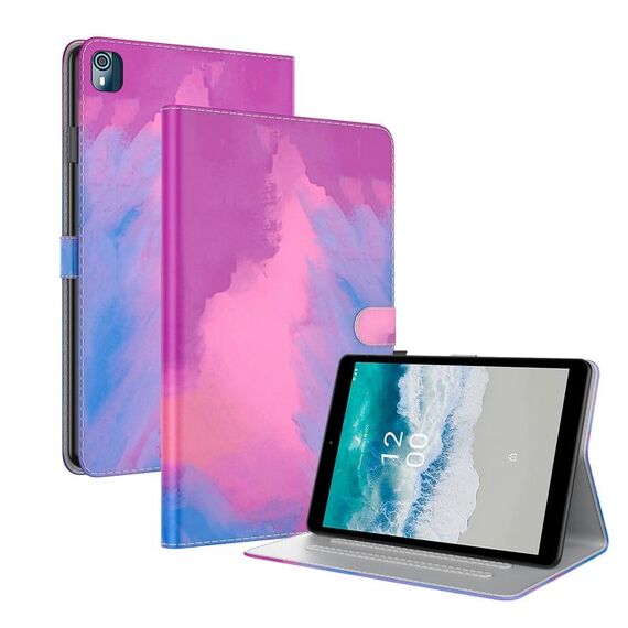 Per Nokia T10 Custodia per tablet in pelle con motivo ad acquerello (viola rosso)