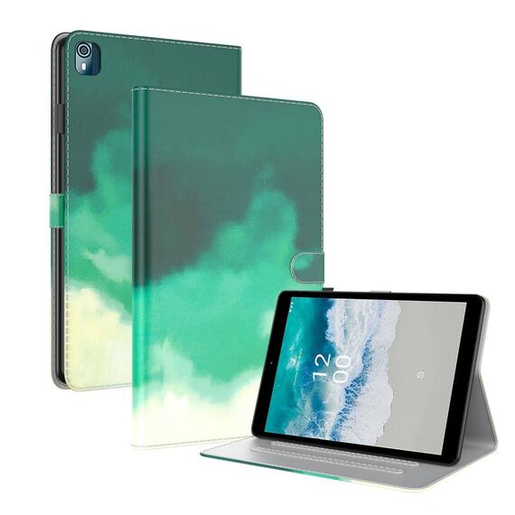 Per Nokia T10 Custodia per tablet in pelle con motivo ad acquerello (verde ciano)