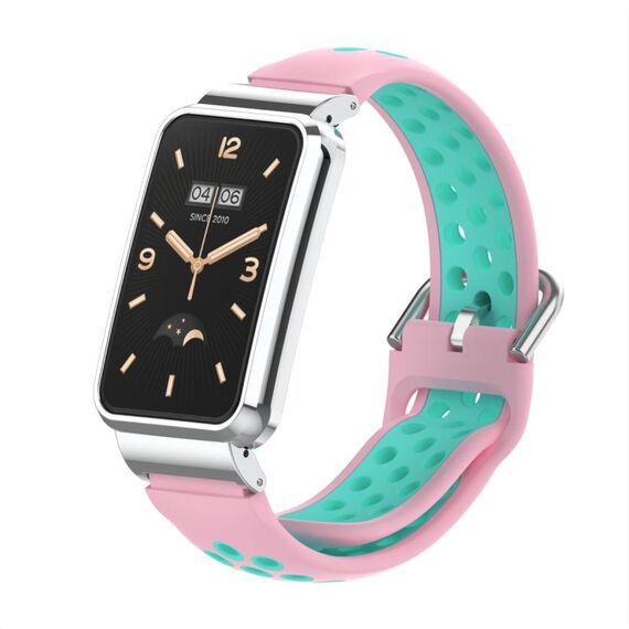 Per Xiaomi Mi Band 7 Pro Cinturino in silicone con struttura in metallo (rosa chiaro + ciano)
