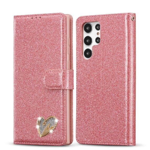 Per Samsung Galaxy S22 5G Custodia per telefono in pelle con polvere glitterata (rosa rossa)