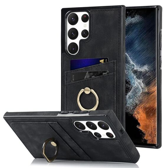 Per Samsung Galaxy S22 Ultra 5G Custodia in pelle vintage patch con supporto ad anello (nero)