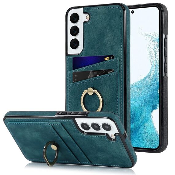 Per Samsung Galaxy S22 5G Custodia in pelle vintage patch con supporto ad anello (blu)