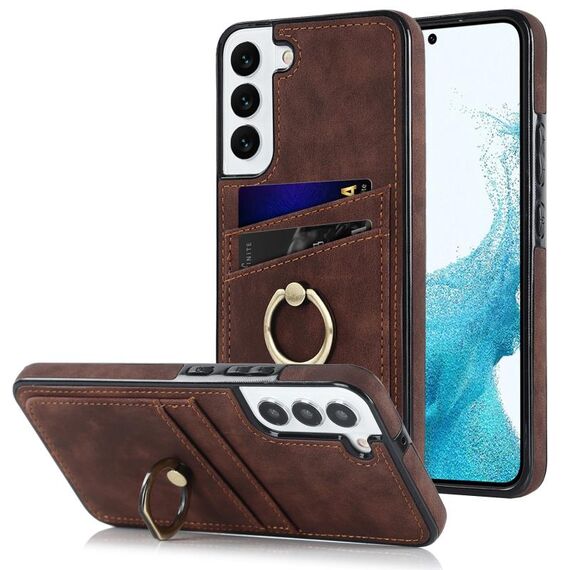 Per Samsung Galaxy S22 5G Custodia in pelle vintage patch con supporto ad anello (marrone)