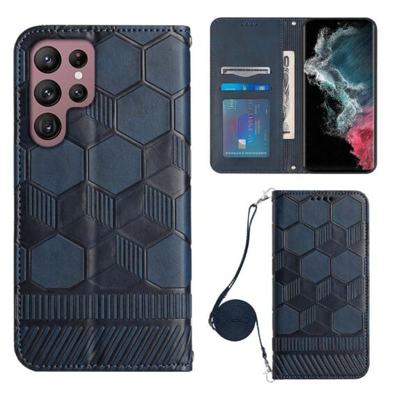 Per Samsung Galaxy S22 Ultra 5G Crossbody Football Texture Custodia magnetica per telefono in PU (blu scuro)