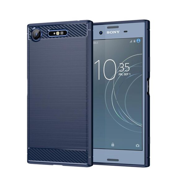 Per Sony Xperia XZ1 Custodia per cellulare in TPU spazzolato con struttura in fibra di carbonio (blu)