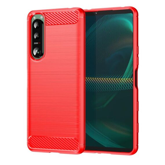 Per Sony Xperia 5 III Custodia per cellulare in TPU spazzolato con struttura in fibra di carbonio (rossa)