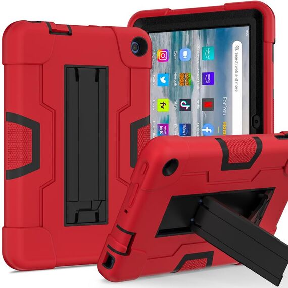 Per Amazon Kindle Fire 7 2022 Custodia rigida in silicone per tablet PC con cavalletto a contrasto (rosso nero)