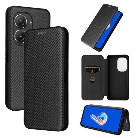 Per Asus Zenfone 9 Custodia per cellulare in pelle con struttura in fibra di carbonio (nera)