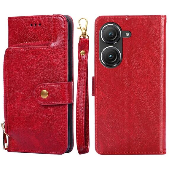 Per Asus Zenfone 9 Borsa con cerniera Custodia per telefono in pelle (rossa)